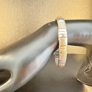 Expandable Silver Tone Bracelet w/ Gold Accents | Textured Panel Design